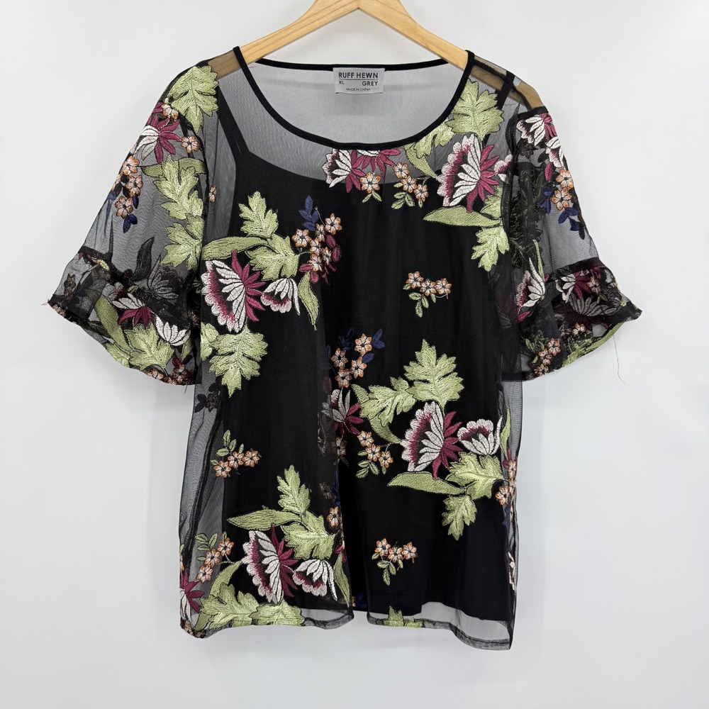Ruff Hewn Floral Embroidered Mesh Top Women XL Black Romantic Boho Sheer